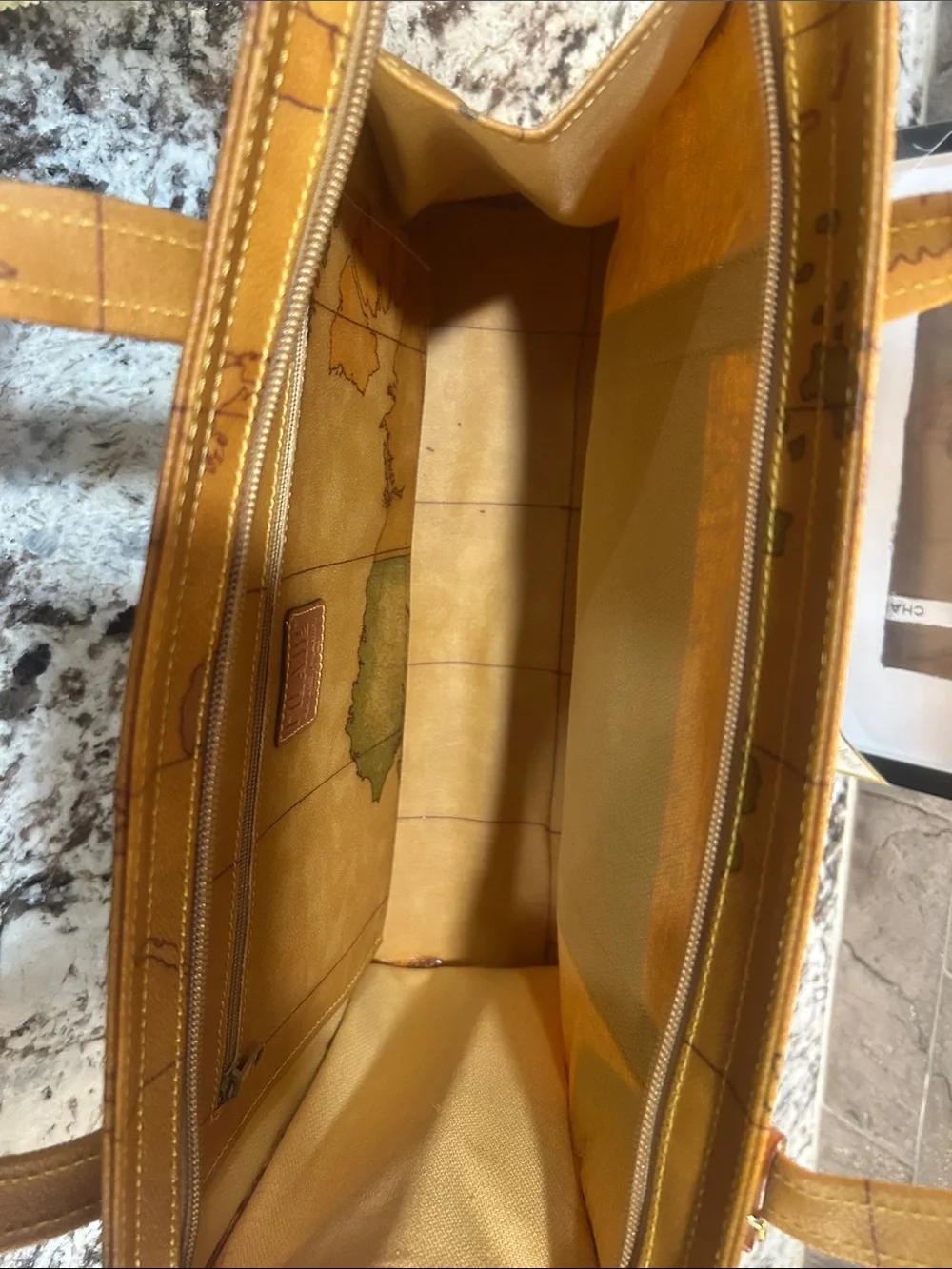 Alviero Martini vtg Tan Map-Print Zip Tote Bag EUC